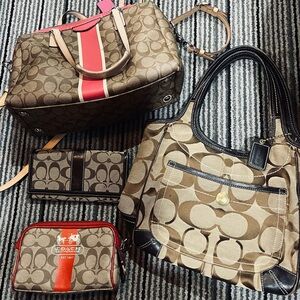 Coach Brown and Red Travel Bag bundle with Signature Monogram wallet lot of 4